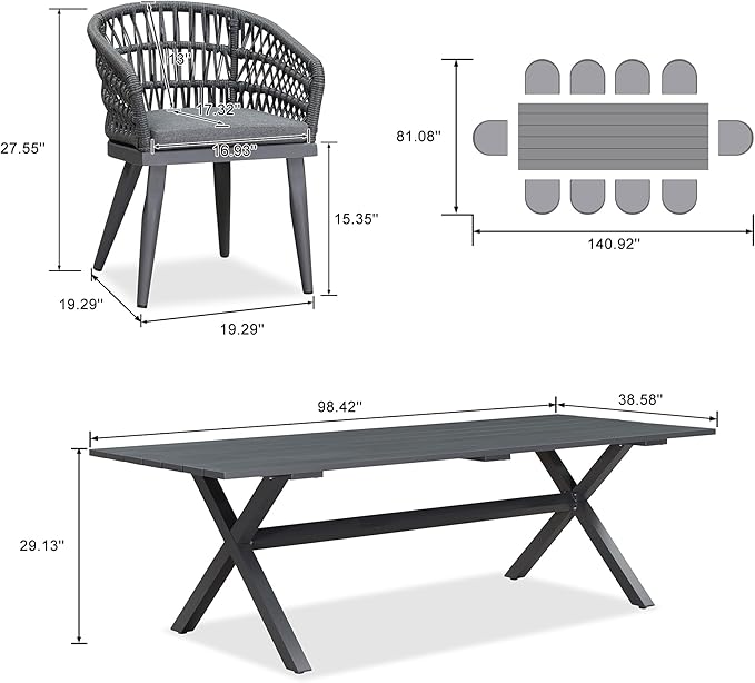 PURPLE LEAF 11 Pieces Outdoor Dining Set All-Weather PE Rattan Outdoor Patio Furniture Set with All Aluminum Frame Rectangular Table and Chairs Set for Lawn Garden Backyard Deck, Grey