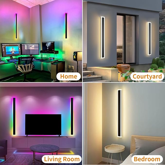 2 Pack Outdoor RGB Long Wall Lights, 23.6inch Wall Lights RGB/Warm/White Dimmable Modern Led Wall Lighting, Ip65 Waterproof Wall Sconce with Remote APP Control for Outdoor/Indoor Party Gathering