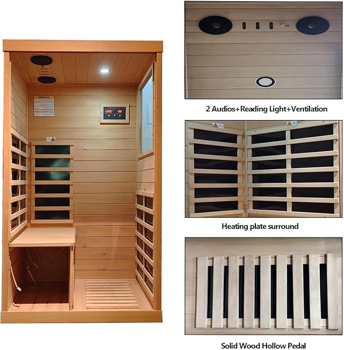 Infrared Sauna Indoor, Home Sauna, Low EMF Infrared Sauna,1 Person Infrared Saunas for Home, Canadian Hemlock,Smart Display,Bluetooth,Reading Lamp