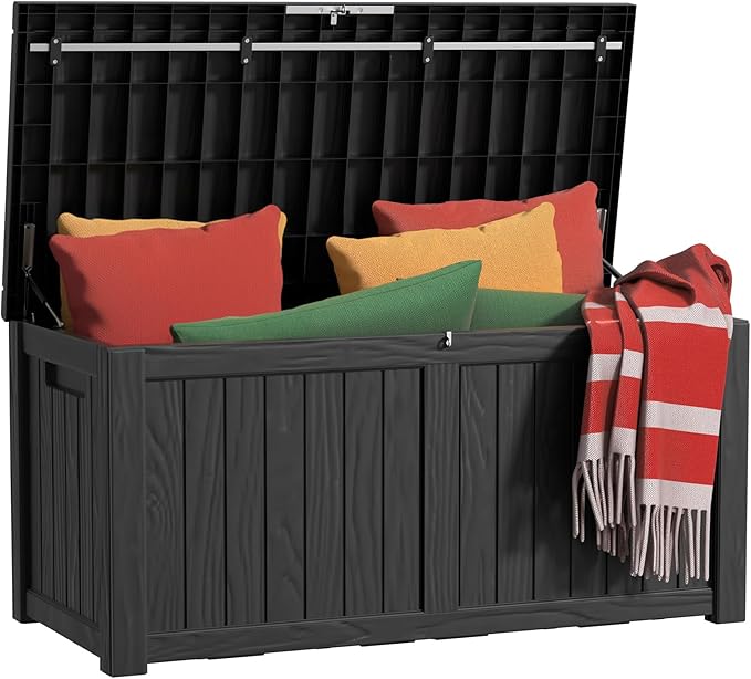 EasyUp 120 Gallon Outdoor Storage Box Waterproof, UV Resistant Resin Deck Box with Hydraulic Rod, Reinforced Stability for Patio, Garden, and Pool, Striped Black