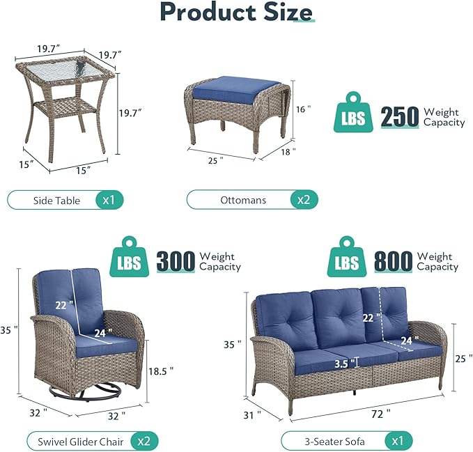 6 Piece Patio Furniture Set - Wicker Patio Conversation Set with Swivel Glider, 3-Seater Sofa, Tempered Glass Side Table and 2 Ottomans for Deck Backyard - Grey Wicker Blue Cushion