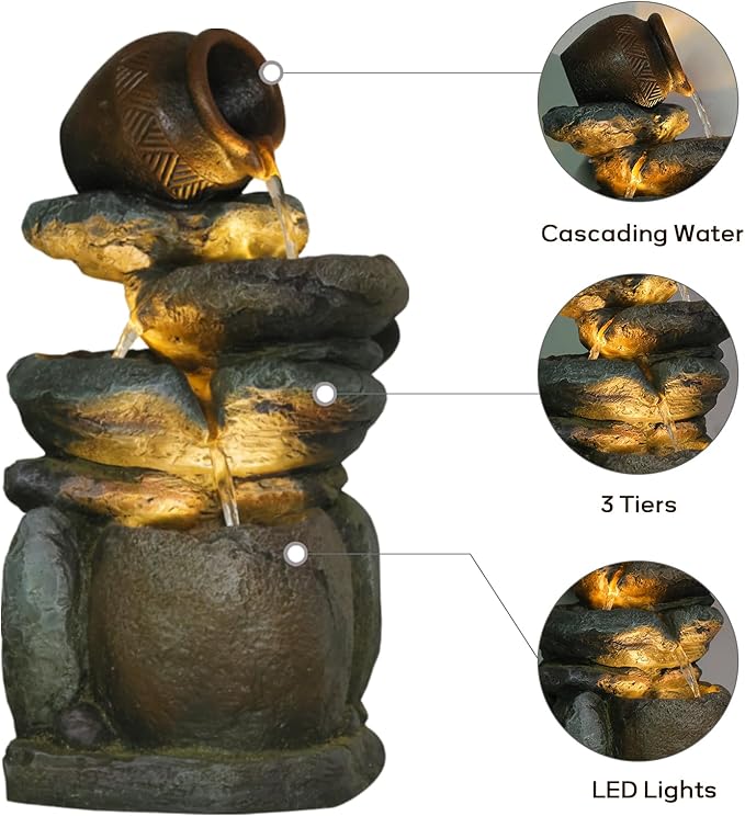 Outdoor Rock Garden Water Fountain for Garden, Patio, Backyard, Deck, Porch and Office, Living Room Home Art Decor, 3 Tiers Natural Cascading Outdoor Fountain with LED Lights 11“x9”x22