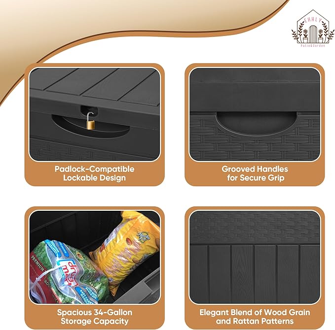 33 Gallon Deck Box Set of 2, Small Outdoor Storage Box Waterproof, Lockable Secure Package Bin Delivery Box for Outside, Patio Cushions Storage Box, Delivery Driver Snack Box for Porch, Black