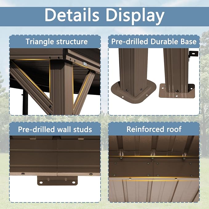 Domi 10’x10’ Wall-Mounted Hardtop Gazebo Pergola – Permanent Lean-to Outdoor Shelter with Sloped Galvanized Steel Roof & Upgraded Drainage – Grey Metal Patio Cover for Backyard, Deck, Garden, Brown