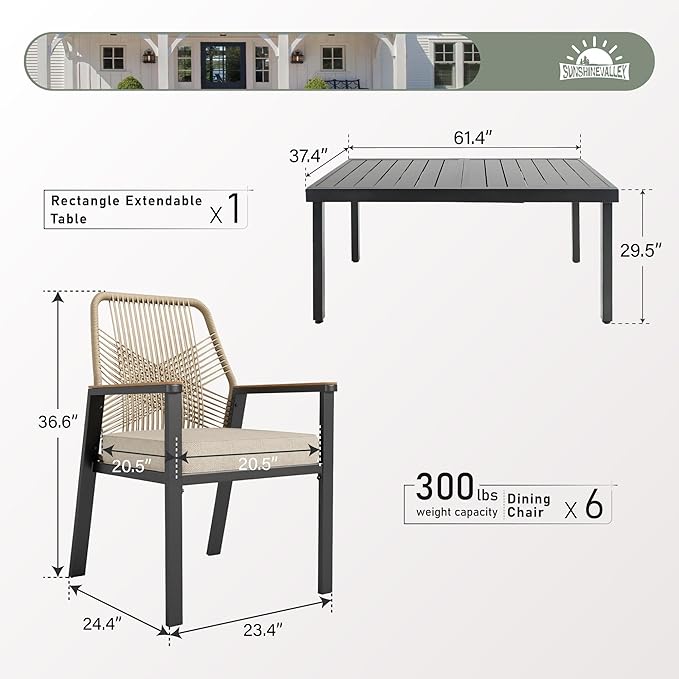 7 Pieces Patio Dining Set, 6 x Woven Rattan Chairs with Waterproof Cushion, 84" Extendable Rectangular Dining Table, Outdoor Table and Chairs Set for Backyard Lawn and Deck, Beige