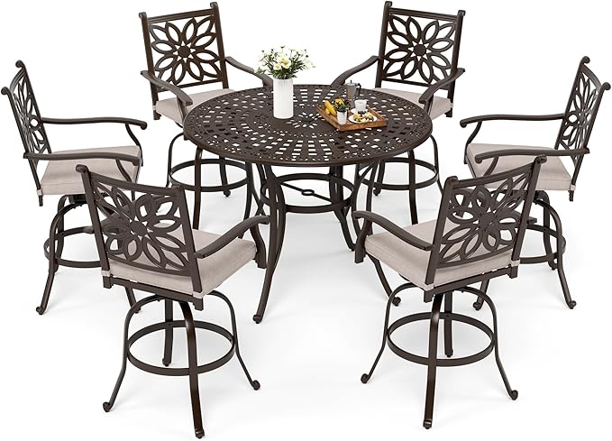 MFSTUDIO Cast Aluminum Bar Height Patio Dining Set of 7, Outdoor Table and Chairs Set with 1×54" Round Aluminum Patio Table and 6×Swivel Outdoor Bar Stool