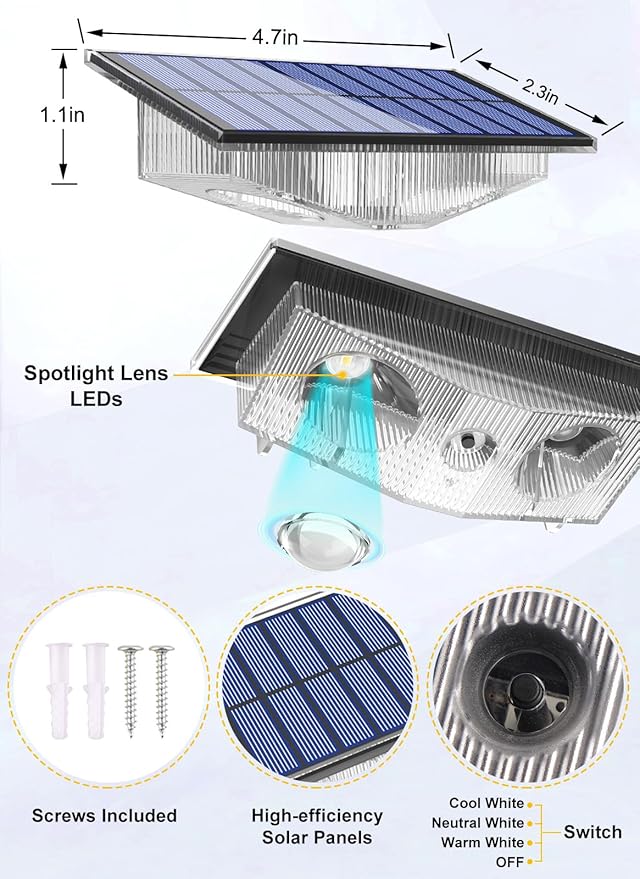 Solar Fence Lights Outdoor - 3000K/4000K/6000K 3 Color Modes, IP65 Waterproof Fence Lights Solar Powered Outdoor, Solar Powered Wall Light for Outside Porch Step Wall Stairs Patio Yard (4 Pack)