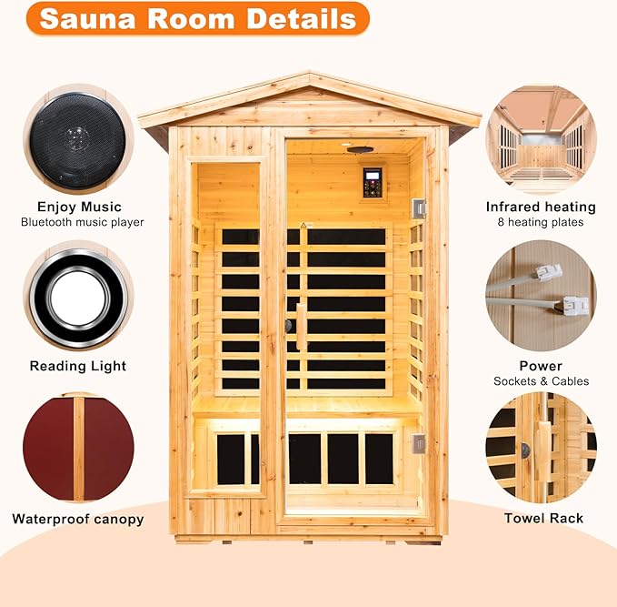 Far Infrared Sauna Room for 2 Persons Low EMF Home Indoor/Outdoor Saunas Canadian Premium Hemlock Wood-Sweating Detox-Colored Light Spectrum-LCD Display-Bluetooth
