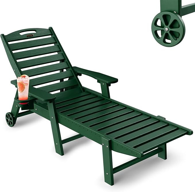 Chaise Lounge Outdoor with Wheels, Adjustable 6-Position Chaise Lounge Outdoor, Patio Lounge Chair for Poolside Backyard, Green