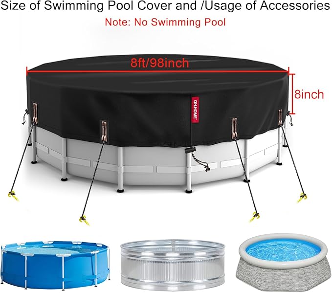 QH.HOME 8 Ft Round Pool Cover, Stock Tank Pool Cover Protector with Solar Pool Cover, One-Piece Tear Resistant Pool Cover for Above Ground Pools, Windproof and Dustproof Swimming Pool Cover