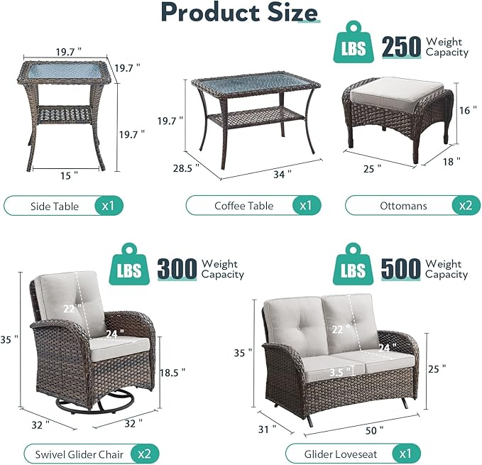 7 Piece Patio Furniture Set - Wicker Patio Conversation Set with Swivel Glider, Glider Loveseat, Tempered Glass Side Table and 2 Ottomans for Deck Backyard - Brown Wicker Beige Cushion
