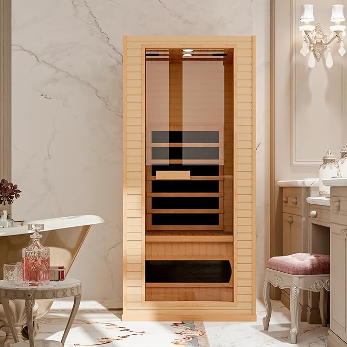 1 Person Infrared Sauna, Full Spectrum Roomy Saunas for Home, Indoor Dry Sauna with Bluetooth and 7 Color Therapy Lights, 110V