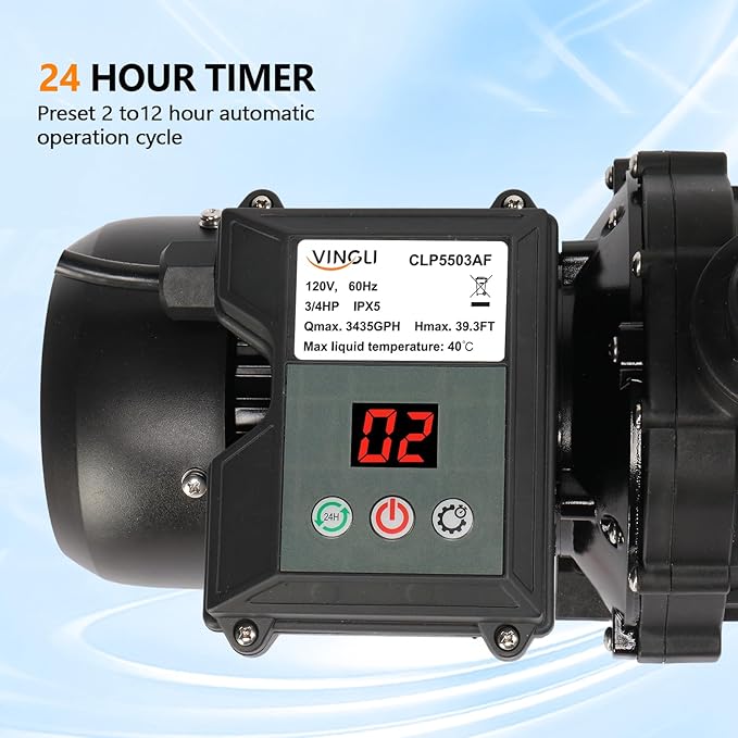 VINGLI Sand Pool Filter 14in Tank with A 3/4HP Pool Pump 115V,24H Timer Above Ground Inground Swimming Pool Pump with Filter Basket,3435GPH