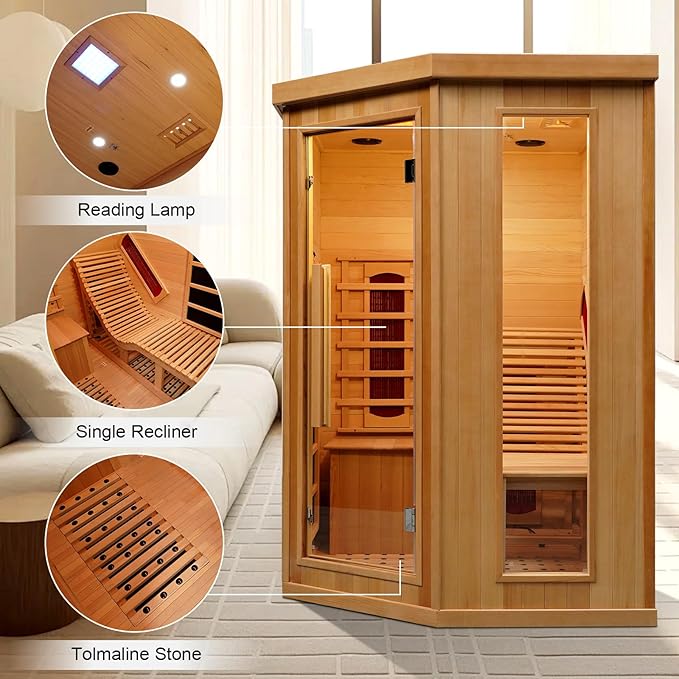 ZONEMEL 1 to 2 Person Infrared Sauna Room, Canadian Hemlock Wood Sauna with Recliner, Tempered Glass Door, 220V, 2300W, 4 Full Spectrum Heating Tubes, 4 Carbon Crystal Heating Panel, Oxygen Bar