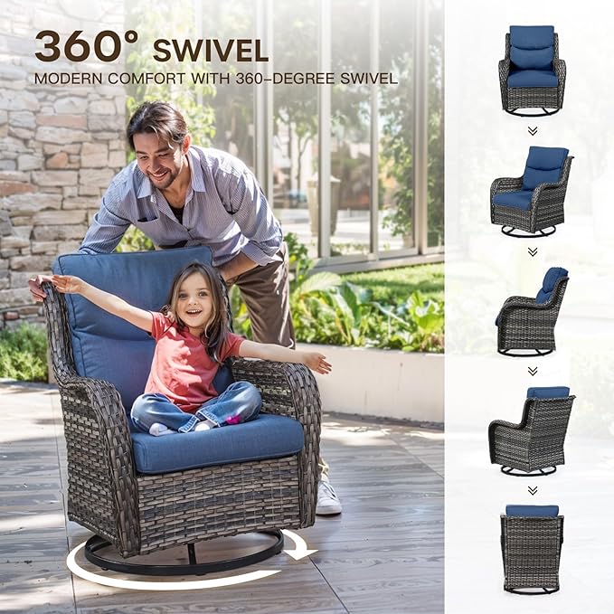 Patio Conversation Set with Smile-Shaped Cushions, Luxury Outdoor Swivel Chairs with Side Table and Ottomans, 5PCS PE Rattan Swivel Glider Chairs Set, Grey Wicker|Blue Cushions