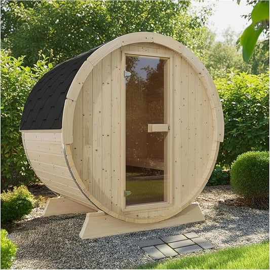 ZONEMEL Outdoor Barrel Steam Sauna, Wood Sauna Room for 2 Person with 4.5KW ETL TOULE Heater, Volcanic Stones, Asphalt Shingles, Waterproof Tarp, 8mm Tempered Glass, 220V, Rubber Base(0-195℉)