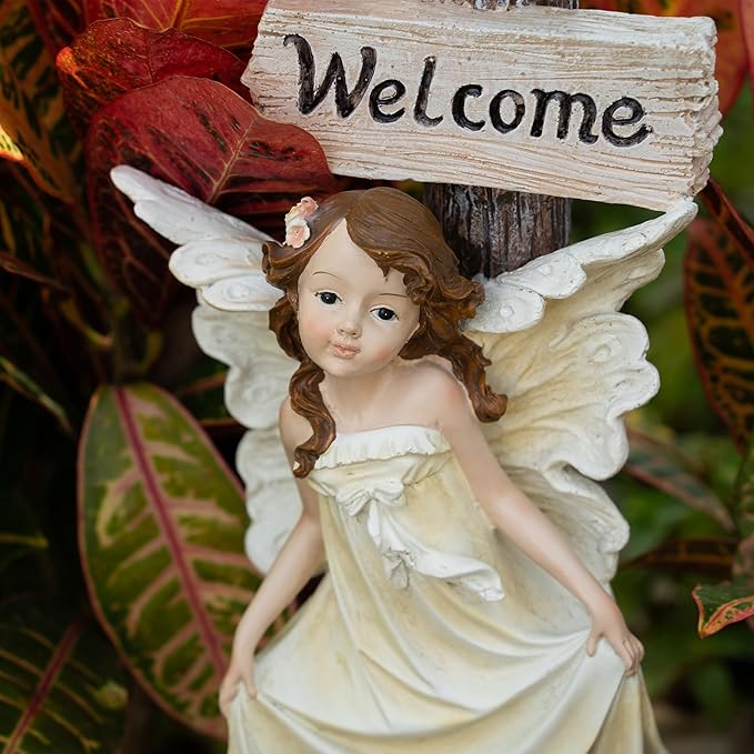 Garden Fairy Solar Light Welcome Sign, 22" in Height, Decorative Outdoor Statue with Auto Light-Up Feature