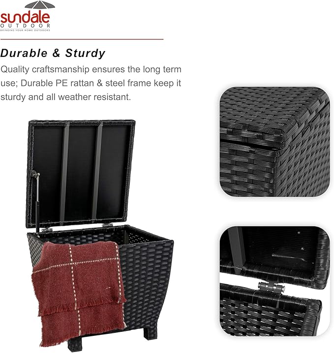 Outdoor Wicker Storage Box with Cover, 13 Gallon PE Rattan Deck Box for Outside with Waterproof Liner, Patio Storage Chest with Hinged Lid for Cushions, Pillows, Towels, Horizontal Bin, Black