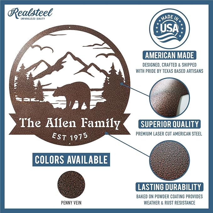 RealSteel Personalized Bear Metal Sign - Custom Outdoor Wall Art with Mountain Scene - Circular Design for Porch, Patio, Lawn & Garden Décor - Penny Vein, 18"