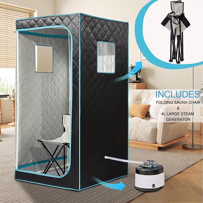 Portable Steam Sauna Box – Home Sauna Tent with 4L & 1500W Steamer, Remote Control Time & Temperature Settings, Foldable Chair Included for Relaxation
