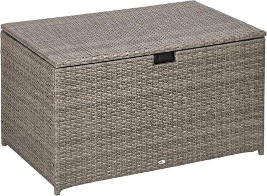 Outsunny 113 Gallon Deck Box, Rattan Outdoor Storage Box, Waterproof Storage Container for Indoor, Patio Furniture Cushions, Pool Supplies, Garden Tools, Gray