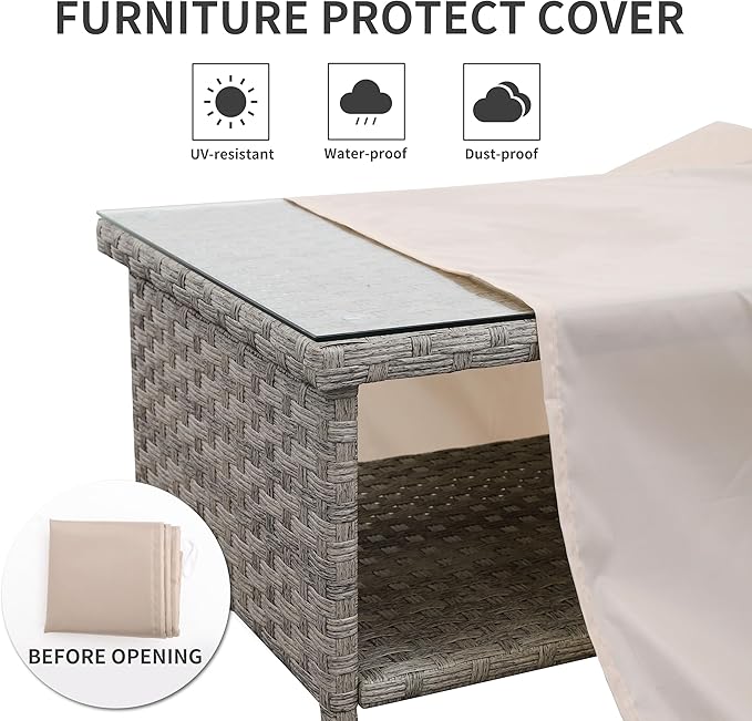WAROOM Outdoor PE Wicker Coffee Table - Patio Rattan Garden Side End Tea Table with Glass Top Furniture, Grey