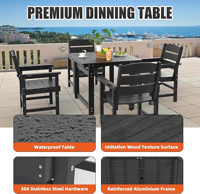 5-Piece HIPS Patio Dining Set, Outdoor Dining Table and Chairs Set with Umbrella Hole, Weatherproof Dining Table Set for 6 Person, Patio Furniture Set for Outside Deck, Black