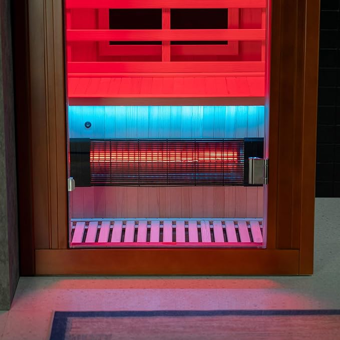 Woodbridge Infrared Home Sauna Room 1 Person Hemlock Wooden Indoor Sauna with 7 Carbon Heaters, Red Light Therapy, Bluetooth Speaker, Intelligent Control Panel, Tempered Glass & Top Vent