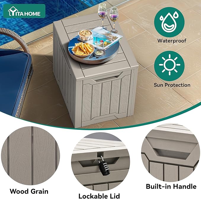 YITAHOME 31 Gallon Resin Deck Box Outdoor Storage Box and Waterproof Package Delivery Box with Lockable Lid forPatio Furniture, Garden Tools, Pool Supplies, Taupe