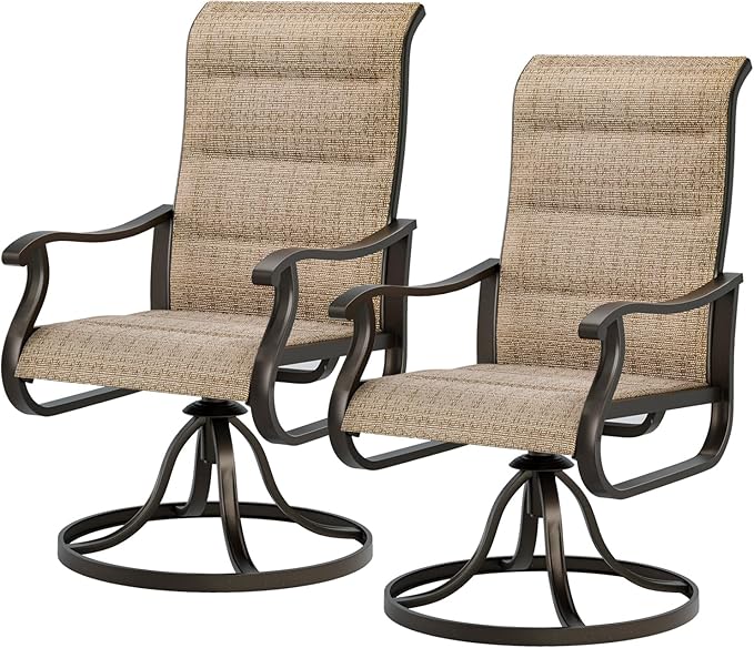 UDPATIO Patio Swivel Chairs Set of 2, Outdoor Dining Chairs High Back with Padded All Weather Breathable Textilene, Metal Rocking Frame for Backyard Lawn Garden, Brown