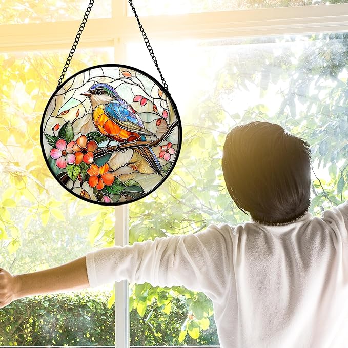Stained Glass Window Hanging, Blue Bird Pink Flower Suncatcher Diamond Glass Panel Bird Sun Catchers Decor for Birthday for Women, Men, Wife, Aunt, and Mom 7.8 in