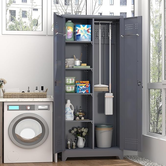 GREATMEET 72.8" Broom Storage Cabinet，Metal Storage Cabinets for Cleaning Supplies with Pegboard, Utility Closet, Broom Mop Cabinet, Grey
