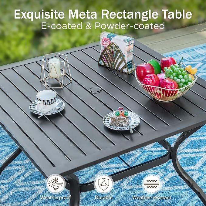 PHI VILLA 5 Piece Outdoor Dining Set with Umbrella, 37" Square Metal Dining Table & 4 Cushioned Wicker Rattan Chairs with 10ft Beige Umbrella for Patio, Deck, Yard, Porch