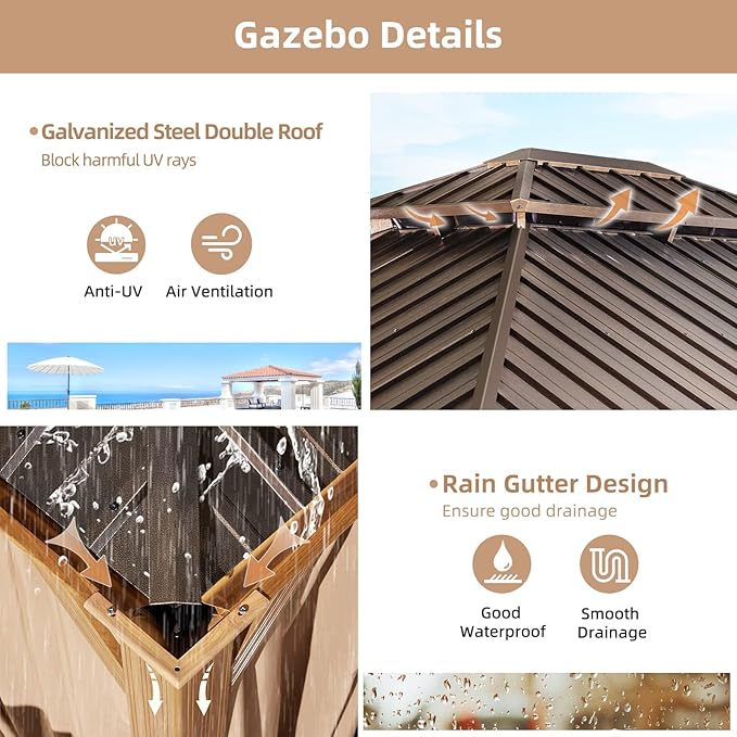 MELLCOM 10'x12' Hardtop Gazebo, Wooden Finish Coated Aluminum Frame Canopy with Galvanized Steel Roof, Outdoor Metal Gazebos with Curtains and Nettings for Patio, Backyard, Deck and Lawns