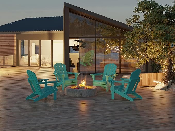 MUCHENGHY Folding Adirondack Chairs and Table Set, Outdoor Chair, Adirondack Chair Plastic, Fire Pit Chair, Weather Resistant with Cup Holder for Deck, Backyard, Garden(Lake Blue, 3-Piece)