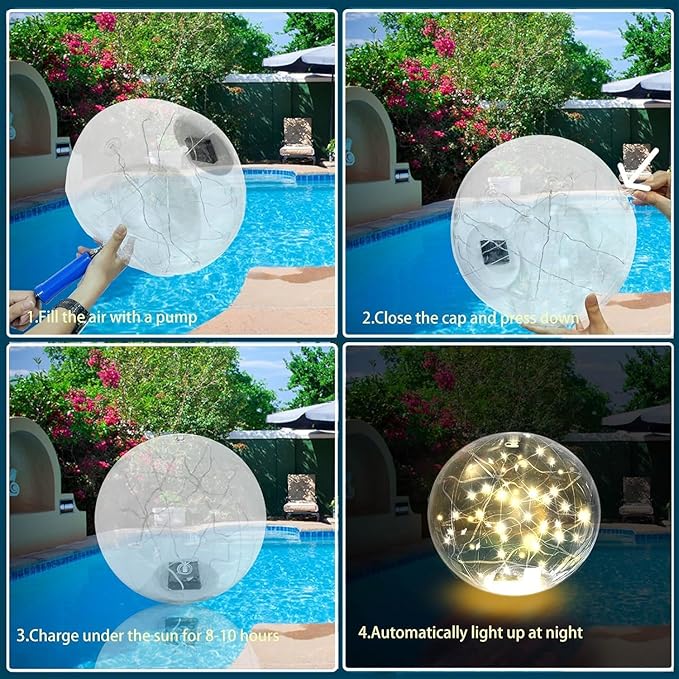 Solar Powered Floating Pool Lights - 14" Inflatable Waterproof Floating Light UP Pool Glow Balls, 3000K Warm-White Led Pool Lights That Float for Party Decorations, Outdoor Patio Detor (6)