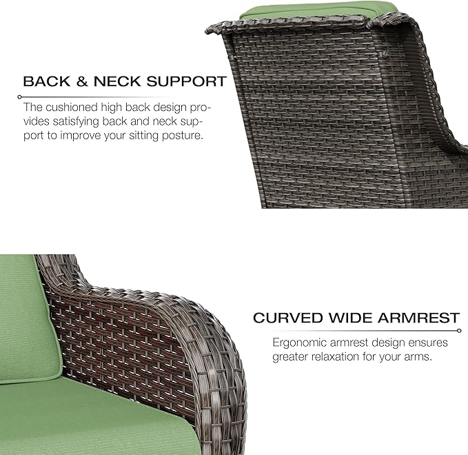 Joyside Outdoor Swivel Rocker Patio Chairs Set of 2 and Matching Side Table - 3 Piece Wicker Patio Bistro Set with Premium Fabric Cushions(Mixed Grey/Green)