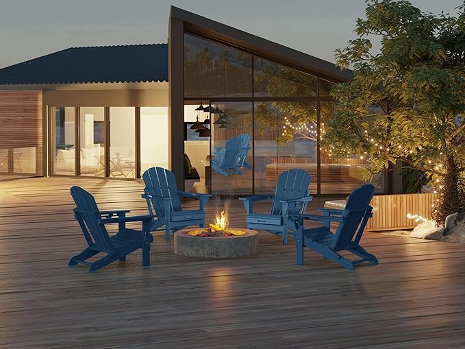 MUCHENGHY Folding Adirondack Chairs and Table Set, Outdoor Chair, Adirondack Chair Plastic, Fire Pit Chair, Weather Resistant with Cup Holder for Deck, Backyard, Garden(Navy Blue, 3-Piece)