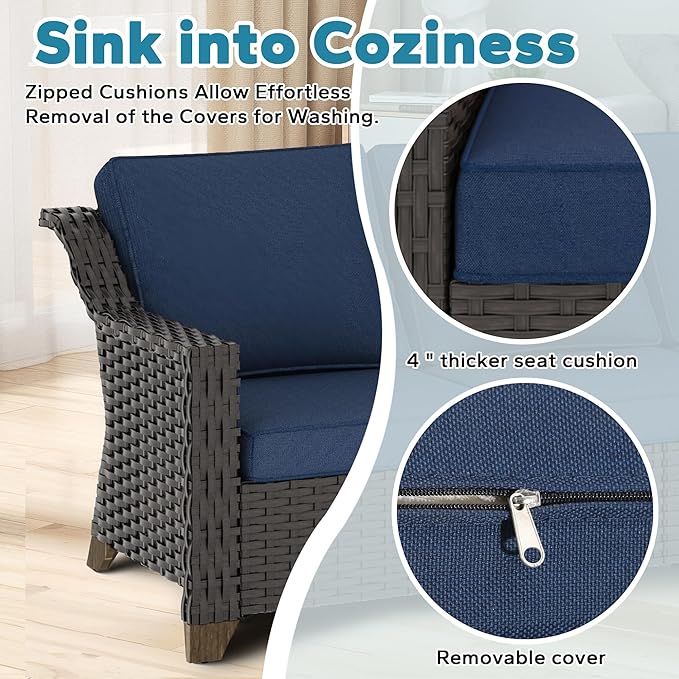 Patio 2 Pieces Chairs Set of 2 with Removable and Washable Covers，Outdoor PE Rattan Wicker Armchairs with Water-Resistant Cushions for Porch, Balcony, Sunroom (Navy Blue)