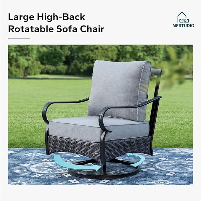 MFSTUDIO 4 Pieces Outdoor Patio Furniture Set, Metal Outdoor Conversation Set, Rattan Wicker Patio Sectional with 2 x Swivel Single Sofa, 3-Seat Sofa, 1 x Coffee Table, Grey