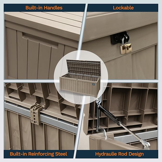 Outdoor Storage Box, 180 Gallon Deck Boxes Outdoor Waterproof, Resin Waterproof Deck Box for Patio Furniture Outdoor Cushions Garden Tools and Pool Storage (Light Brown)