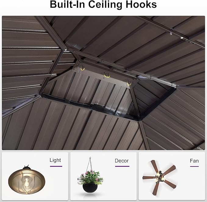 PURPLE LEAF 10’ X 14’ Outdoor Hardtop Gazebo Metal Frame Galvanized Steel Double Roof with Curtains and Nettings for Patio Desk Backyard Bronze
