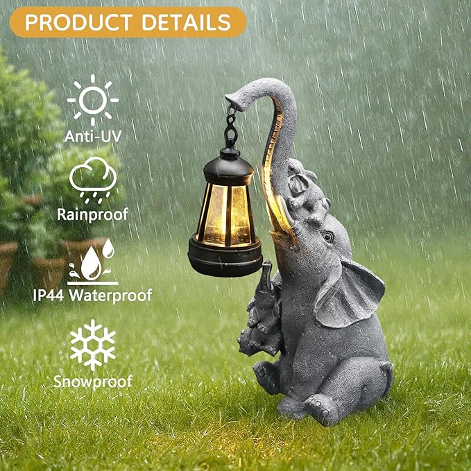 Solar Elephant Garden Lantern Statue Decor - Blessing Guardian, Auto On/Off Weatherproof Resin for Patio, Safari Theme & Good Luck