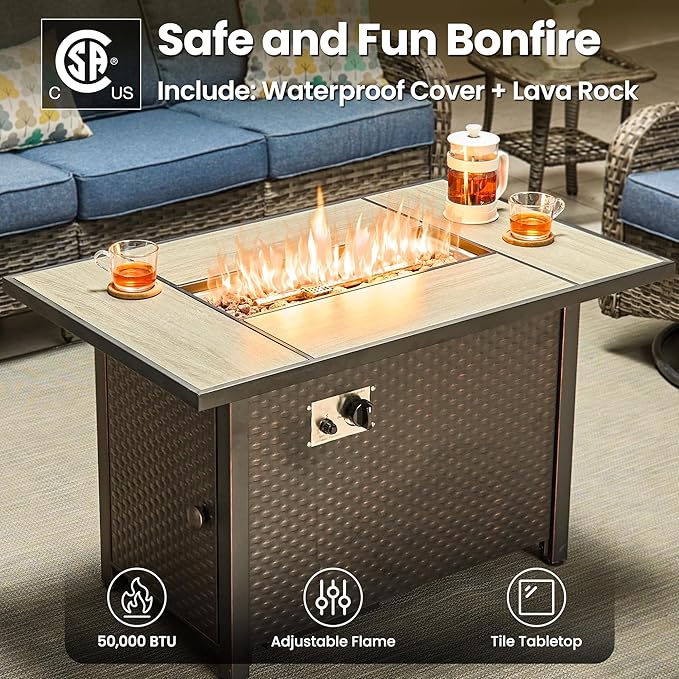 ovios 7 Pieces Patio Furniture Set, Outdoor Wicker Sofa Couch with Swivel Chairs 42" Fire Pit Table, High Back All Weather Modern Conversation Sets, Grey Rattan, Denim Blue
