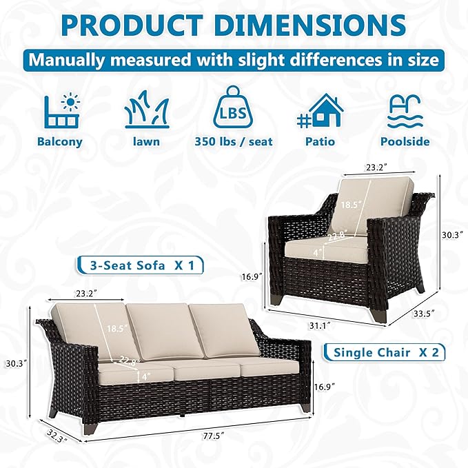 Vista Vibe 3 Pieces Outdoor Patio Conversation Furniture Set - 78" 3-seat Sofa | 2 Wicker Chairs, Deep Seat Loveseat, Removable Cushions, Hand-Woven PE Rattan Couch, Balcony (Brown/Beige)