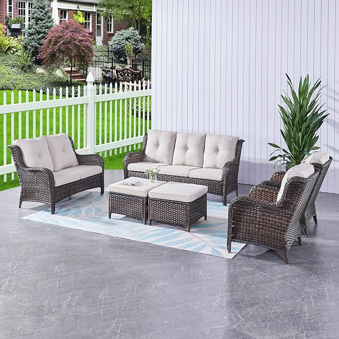 HUMMUH Outdoor Loveseat Sofa 2-Seat PE Rattan Patio Love Seat with Cushions,Deep Seat High Curved Back Armset Sectional Couch for Patio,Garden,Yard,Porch