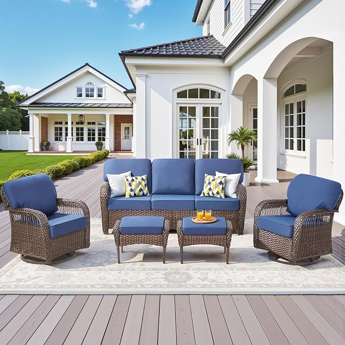 5 Pieces Patio Furniture Set Outdoor Sectional Sofa Couch with Rocking Swivel Chairs 5" Deep Seat Chairs, Modern Wicker Rattan Conversation Set, Blue/Brown Wicker