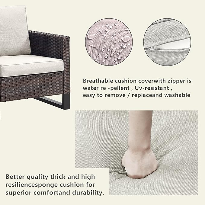 Rilyson Wicker Outdoor Patio Furniture Set - 6 Piece Patio Conversation Set with 2 Armrest Chairs,2 Rattan Ottoman,1 Couch and 1 Metal Side Table for Outside Porch Deck Backyard(Brown/Beige)
