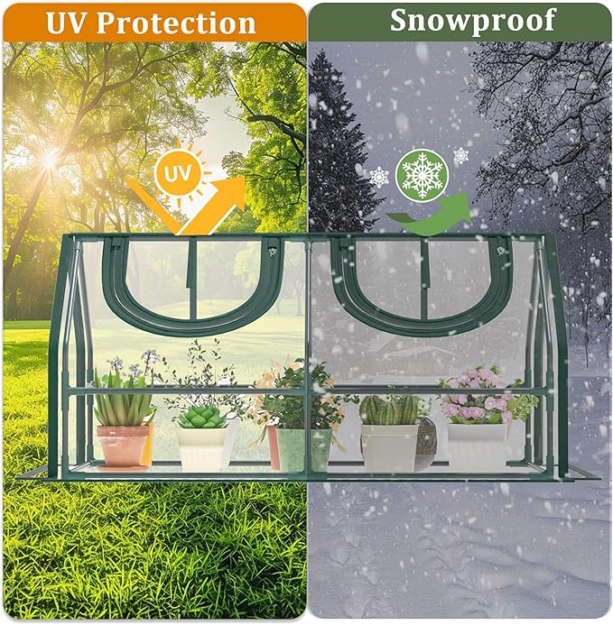 Portable Mini Greenhouse, 47.3"x26.4"x26.4" Greenhouses for Outdoors with Dual Large Zipper Doors & Ground Stakes, Waterproof Plastic Green House for Outside Garden Patio Backyard