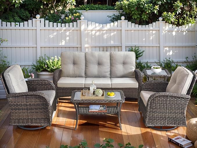 HUMMUH 5-Piece Patio Furniture PE Wicker Outdoor Conversation Set,All-Weather Rattan Swivel Rocker Chairs with Outdoor Couch Tables for Backyard,Poolside,Deck